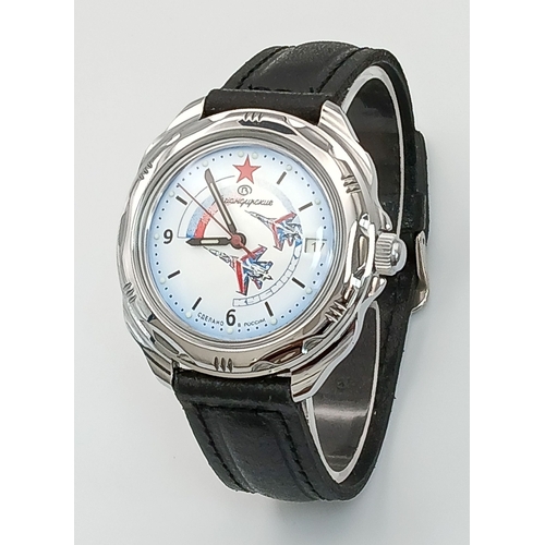 1262 - A Vostok Manual Gents Watch. Black leather strap. Stainless steel case - 40mm. White dial with date ... 