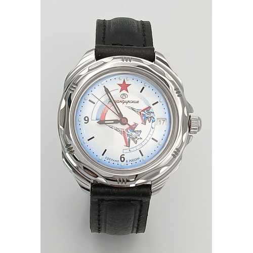 1262 - A Vostok Manual Gents Watch. Black leather strap. Stainless steel case - 40mm. White dial with date ... 