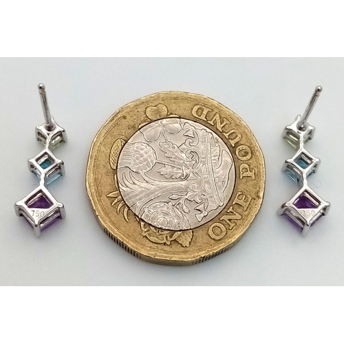 337 - A PAIR OF 18K WHITE GOLD EARRINGS WITH CITRINE, TOPAZ AND AMETHYST STONES .   1.6gms