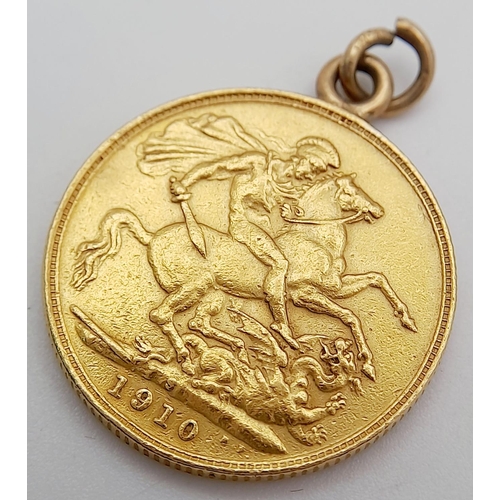 45 - An Edward VII 22k Full Gold Sovereign 1910 - With Pendant Attachment. 8.25g total weight.