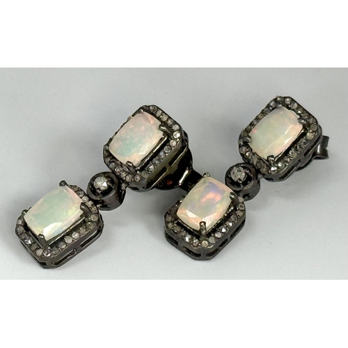 661 - A Pair of Ethiopian Opal Drop Earrings. Set in a 925 Silver antique finish. Diamonds approx 0.80ctw ... 