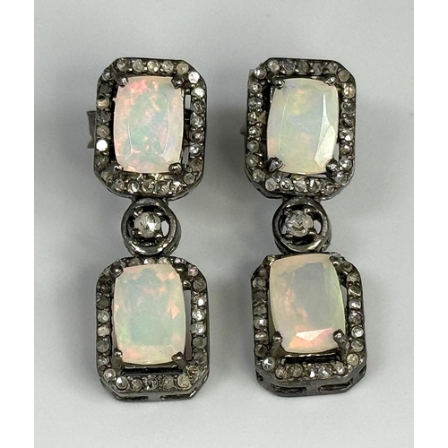 661 - A Pair of Ethiopian Opal Drop Earrings. Set in a 925 Silver antique finish. Diamonds approx 0.80ctw ... 