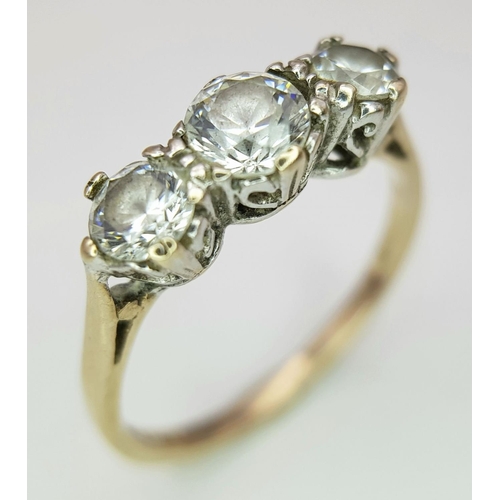 717 - A Vintage 9K Yellow Gold and Three White Stone Ring. Size N. 2.4g total weight.