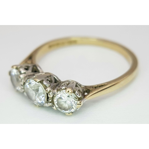 717 - A Vintage 9K Yellow Gold and Three White Stone Ring. Size N. 2.4g total weight.