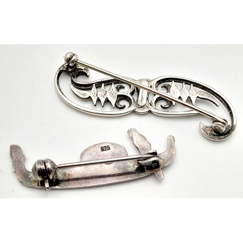 801 - Two Sterling Silver Brooches - Includes a Scottish Ola Golie. 
4.5 and 3cm.