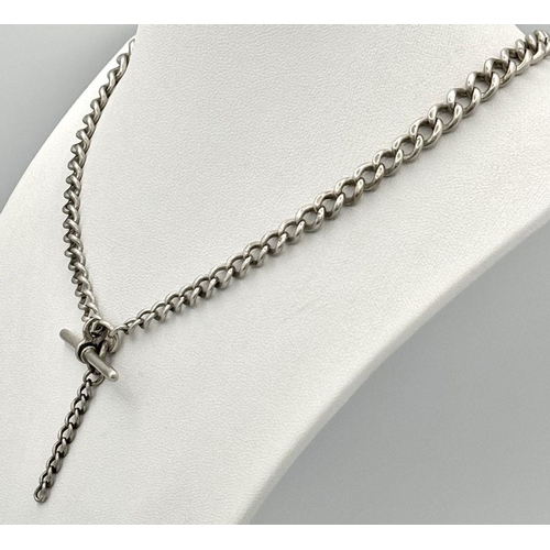 1104 - A silver double Albert watch chain with T-bar and secure links. 52.5cm length and 37g in weight.