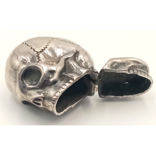 114 - A Vintage Repro Sterling Silver Skull Vesta Case. Brilliant design with open jaw compartment! 46.5g.... 