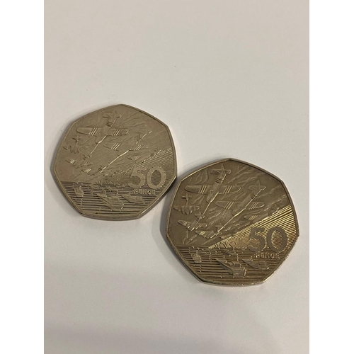 469 - 2 x 1994 D-DAY 50 PENCE PIECES. Sought-after ‘aircraft in flight’ coins. Extra fine condition.