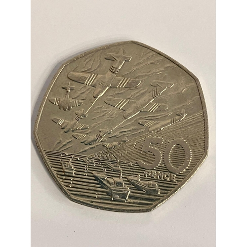 469 - 2 x 1994 D-DAY 50 PENCE PIECES. Sought-after ‘aircraft in flight’ coins. Extra fine condition.