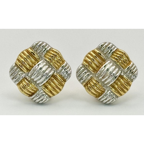 641 - A Pair of 18K Yellow and White Gold Fancy Square Earrings. Clip butterfly fastening. 17mm x 17mm. 6.... 