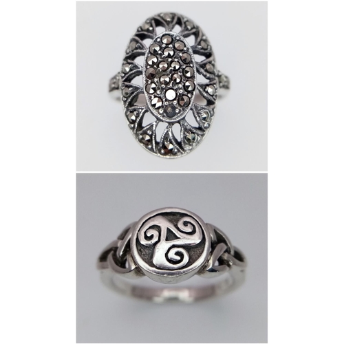 928 - 2 SILVER RINGS , 1 IS A VINTAGE MARCASITE SIZE N , AND 2 IS A CELTIC DESIGN RING SIZE P .     9gms I... 