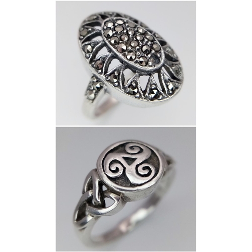 928 - 2 SILVER RINGS , 1 IS A VINTAGE MARCASITE SIZE N , AND 2 IS A CELTIC DESIGN RING SIZE P .     9gms I... 