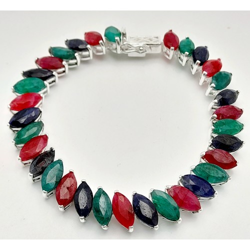 653 - A Ruby, Emerald, Sapphire Marquise Cut Bracelet. Set in 925 Silver. 20cm. CD - 1516