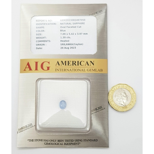 1127 - A 1.39ct Sri Lankan Blue Sapphire Gemstone - AIG Certified in a sealed case.