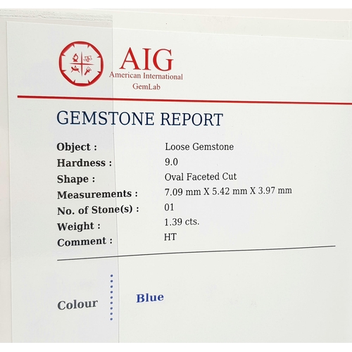 1127 - A 1.39ct Sri Lankan Blue Sapphire Gemstone - AIG Certified in a sealed case.