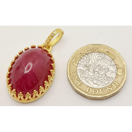 1091 - A Mozambique Ruby Cabochon Pendant with a Rose cut Diamond Bail. 39.35ct ruby. Diamonds - 0.10ctw. 3... 