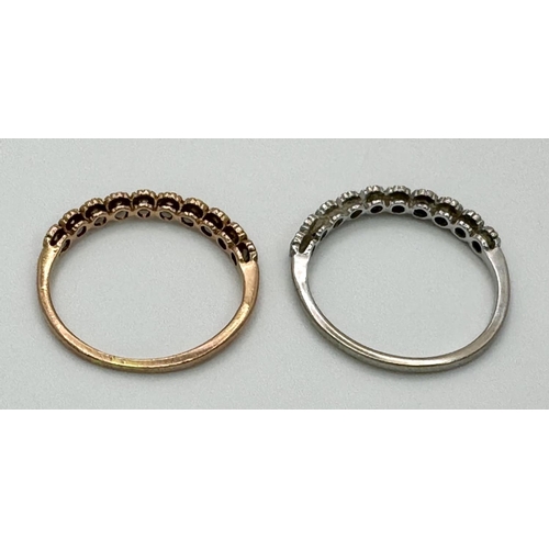 820 - Two 14K Gold Half Eternity Diamond Rings. Rose and white gold. Both size M. 2.25g total weight.