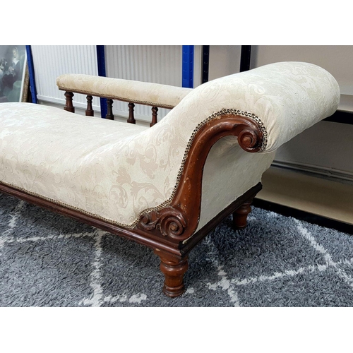 1443 - An Antique Mahogany Chaise Longue with Cream Embroidered Upholstery. 180cm. Please see photos for co... 