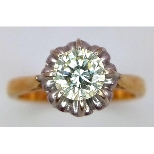 197 - A Vintage 18K Yellow Gold (tested) Diamond Solitaire Ring. 
0.90ct brilliant round cut diamond. Size... 