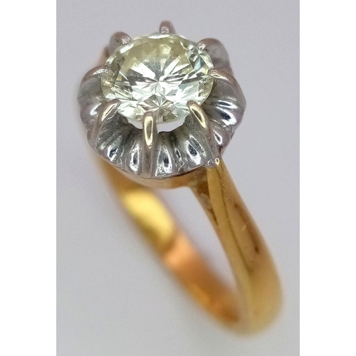 197 - A Vintage 18K Yellow Gold (tested) Diamond Solitaire Ring. 
0.90ct brilliant round cut diamond. Size... 