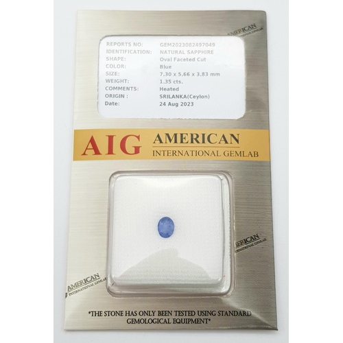 869 - A 1.35ct Sri Lankan, Ceylon Blue Sapphire - AIG Certified in a sealed container.