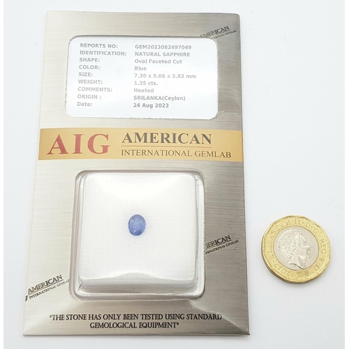 869 - A 1.35ct Sri Lankan, Ceylon Blue Sapphire - AIG Certified in a sealed container.