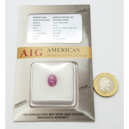 1067 - A 7.17ct Ruby Gemstone Cabochon - AIG certified in a sealed container.