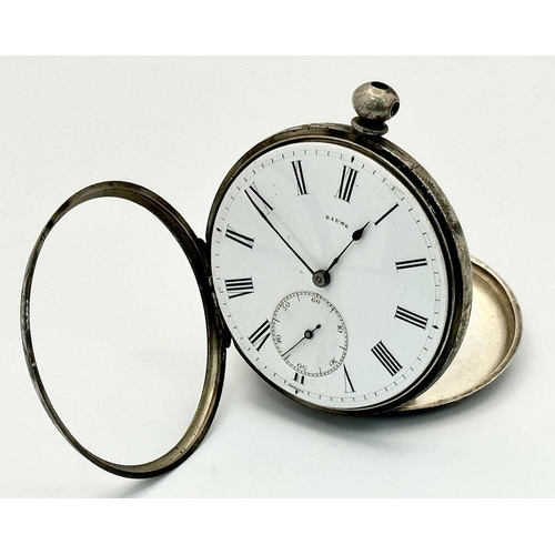 1087 - An Antique Baume White Metal Pocket Watch with Key. Not currently working so as found. 4.5cm.