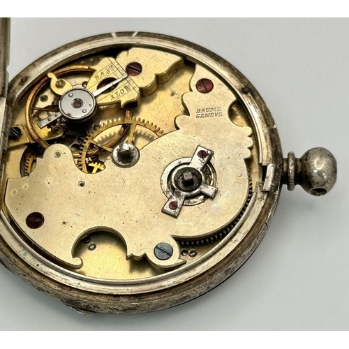 1087 - An Antique Baume White Metal Pocket Watch with Key. Not currently working so as found. 4.5cm.