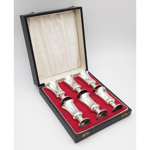 126 - An exceptional, British fully hallmarked, set of six sterling silver Kiddush cups in their original ... 