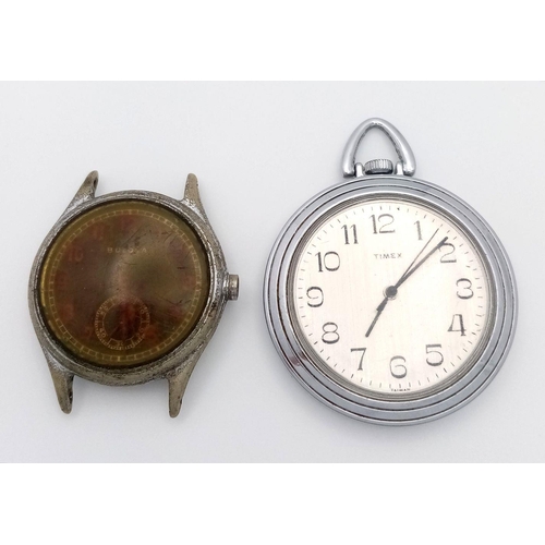 1346 - A Small Vintage Working Top-Wind Timex Pocket Watch and a Rare Vintage Bulova USA Military Watch - n... 