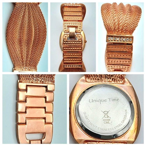 196 - A very feminine, rose gold plated, UNIQUE TIME ladies watch. Case 34 mm, bezel studded with cubic zi... 