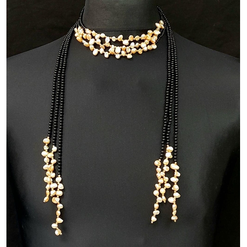 203 - A long, three strand, black onyx and cream coloured Keshi pearl necklace that can be worn in several... 