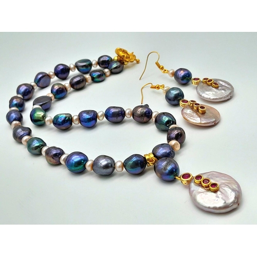 217 - A uniquely created necklace and earring set combining natural white pearls, larger dark grey pearls ... 