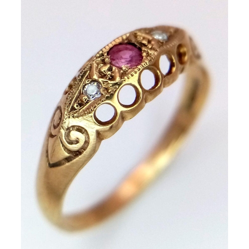 254 - An Antique 9K Gold Ruby and Diamond Ring. Size R. 1.8g total weight.