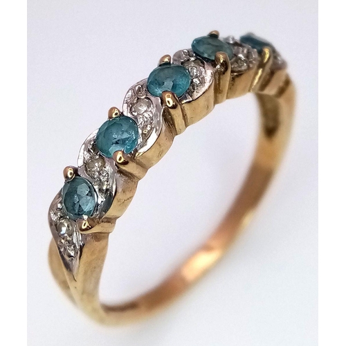 295 - A Vintage 9K Gold Diamond and Blue Stone Ring. Size O. 2.2g total weight.