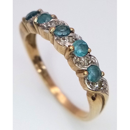 295 - A Vintage 9K Gold Diamond and Blue Stone Ring. Size O. 2.2g total weight.