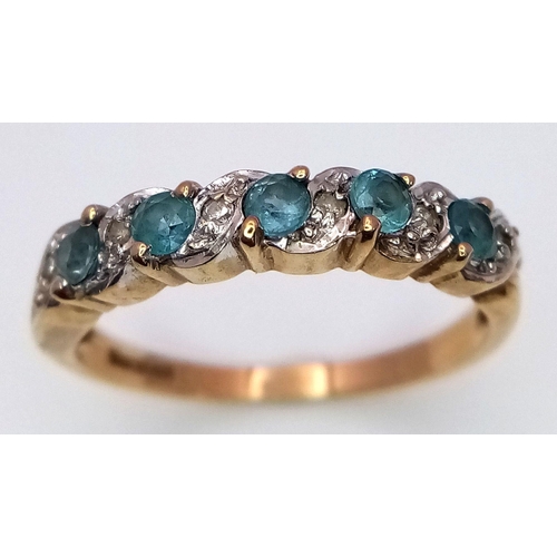 295 - A Vintage 9K Gold Diamond and Blue Stone Ring. Size O. 2.2g total weight.