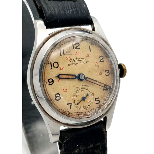 485 - A Vintage Rotary Super Sport Watch. Case - 30mm. Hand-wind. Works but because of age as found.