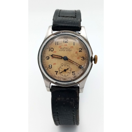 485 - A Vintage Rotary Super Sport Watch. Case - 30mm. Hand-wind. Works but because of age as found.