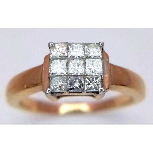 505 - A 9K Yellow Gold Diamond Ring. Nine Princess cut diamonds of 0.45ctw in a square formation. Size L 1... 