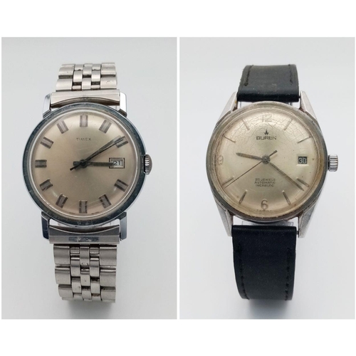 946 - Two Vintage Watches. An automatic Buren - 34mm and a hand-wind Timex - 32mm. Both work but no guaran... 