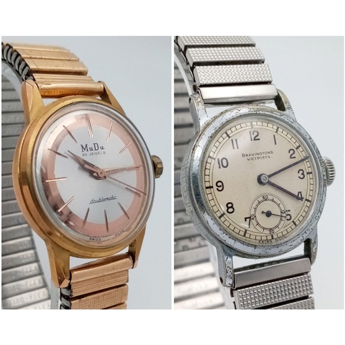 960 - Two Vintage Hand-Wind Gents Watches. A Bravingtons Wetrista - 28mm and a Mudu - 32mm. Both work.