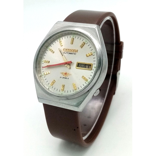 1370 - A Vintage Citizen 21 Jewels Automatic Gents Watch. Brown rubber strap. Stainless steel case - 36mm. ... 