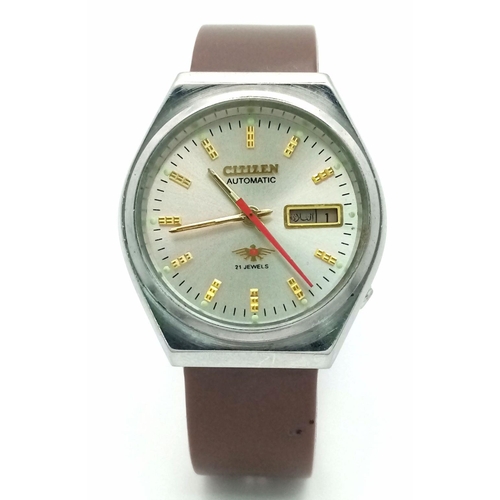 1370 - A Vintage Citizen 21 Jewels Automatic Gents Watch. Brown rubber strap. Stainless steel case - 36mm. ... 