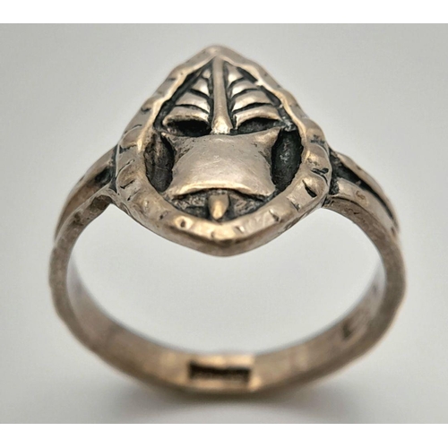 1369 - A Vintage, Hallmarked 1955/56, Silver Viking Ship Detailed Signet Ring Size Q. Crown Measures 1.6cm ... 