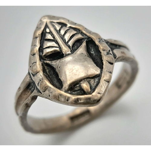 1369 - A Vintage, Hallmarked 1955/56, Silver Viking Ship Detailed Signet Ring Size Q. Crown Measures 1.6cm ... 