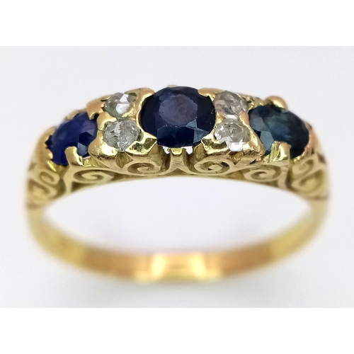 1358 - A 18K YELLOW GOLD VINTAGE OLD CUT DIAMOND & SAPPHIRE RING. TOTAL WEIGHT 4G. SIZE Q AND 1/2. Ref: SC ... 