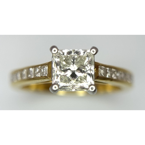 1169 - A 18K Yellow Gold Princess Cut Diamond Ring with Diamond Set Shoulders & E.D.R Certification, 1.01ct... 