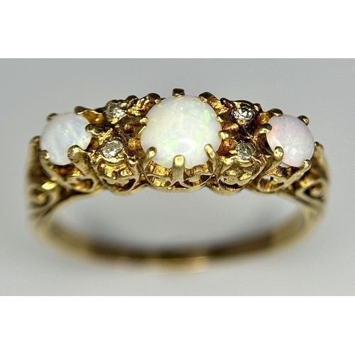 1509 - A 9K yellow gold opal and diamond ring, 0.02ct diamond weight, 2.6g total weight, size U. Ref: JP03